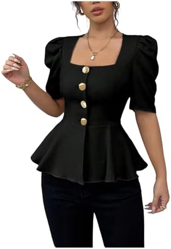 Elegant Puff Sleeve Peplum Square Neck Button Flared