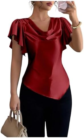 Elegant Ruffle Sleeve T Shirts Cowl Neck Business Casual