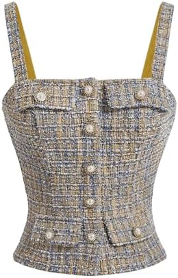 Elegant Tweed Button Front Plaid Camisole Sleeveless Tank