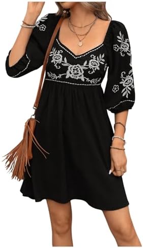 Embroidery Floral Bishop Sleeve Sweetheart Neck Boho A