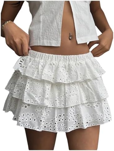 Eyelet Embroidered Layered Ruffle Mini Skort Elastic