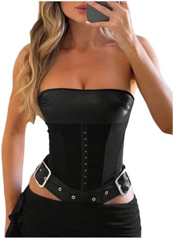 Faux Leather Lace Up Corset Bustier Strapless Backless