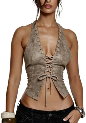 Faux Leather Lace Up Halter Tank Top V Neck Sleeveless
