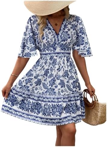 Floral A Line Dress Butterfly Sleeve V Neck Beach