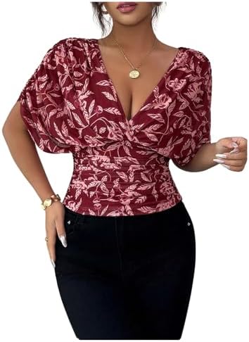 Floral Dolman Sleeve Boho Tops Deep V Neck Ruched