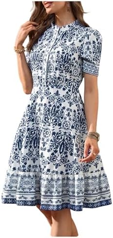 Floral Dress Mock Neck Short Sleeve Button Ruffle A Line