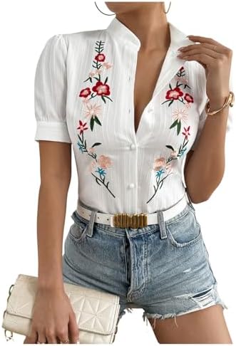 Floral Embroidery Button Down Shirts Puff Sleeve Dressy