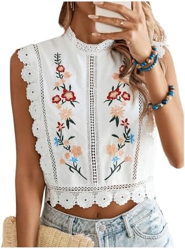Floral Embroidery Lace Trim Blouse Mock Neck Sleeveless