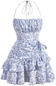 Floral Halter Ruffle Tiered Cute Summer Mini Dress