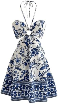 Floral Halter Vacation Sleeveless Cut Out Boho Cami Dress