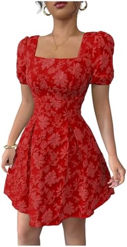 Floral Jacquard Puff Sleeve Mini Dress Square Neck A Line