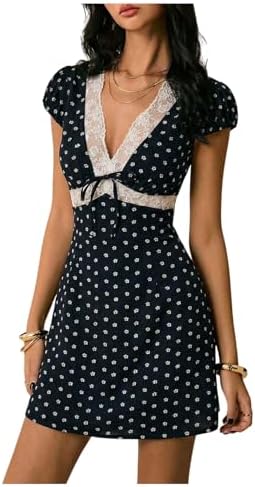 Floral Lace Trim Mini Dress Elegant Puff Sleeve Deep V