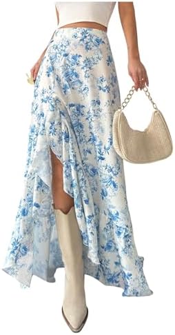 Floral Maxi Skirts High Waisted Slit Tiered Ruffle Hem
