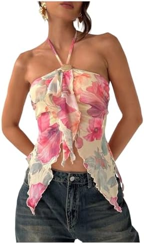 Floral Mesh Asymmetrical Hem Halter Tops