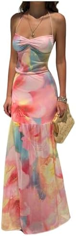 Floral Mesh Halter Backless Maxi Dress