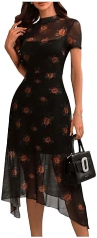 Floral Mesh Short Sleeve Asymmetrical Hem Flared A Line