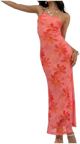 Floral One Shoulder Maxi Dress Beaded Backless Beach