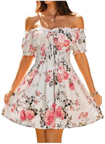 Floral Print Off Shoulder Ruffle Puff Sleeve Smocked