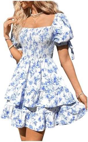 Floral Print Puff Sleeve Square Neck Ruffle Mini Dresses