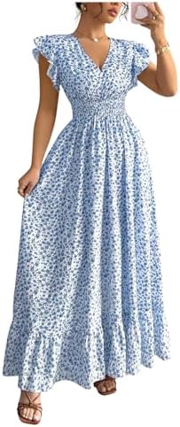Floral Print Ruffle Sleeve Boho Maxi Dress V Neck Smocked