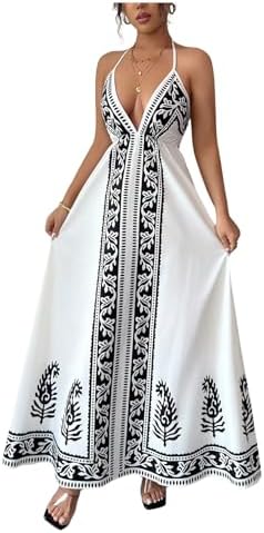 Floral Print V Neck Halter Cami Dress Tie Open Back Boho
