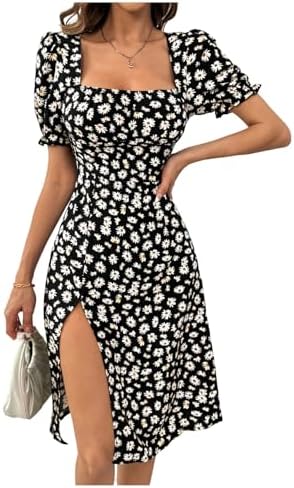 Floral Puff Sleeve A Line Dress Square Neck Thigh Split