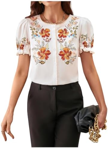 Floral Puff Sleeve Shirts Crew Neck Button Down Vacation
