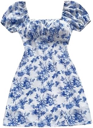 Floral Puff Sleeve Square Neck A Line Dress Ruched Bust