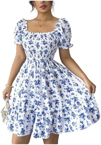 Floral Puff Sleeve Square Neck Short Dress Smocked A Line
