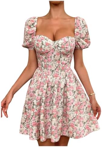 Floral Short Puff Sleeve Corset Dress Sweetheart Neck