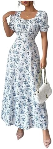 Floral Short Puff Sleeve Milkmaid Boho A Line Long Dresses