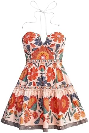Floral Sleeveless Halter Milkmaid Boho Mini Dress