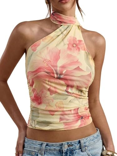 Floral Sleeveless Halter Top Y2K Ruched Backless Tank Tops