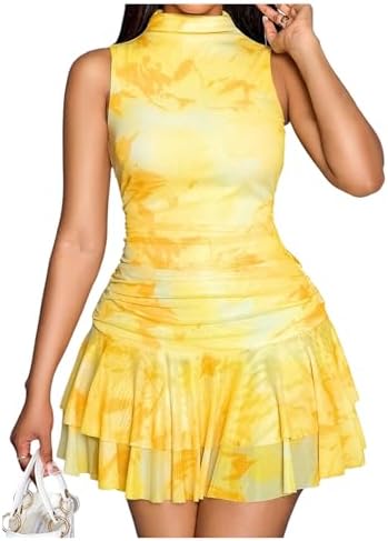 Floral Sleeveless Mini Dress Ruched Layered Ruffle A Line