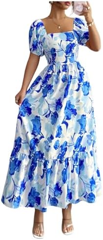 Floral Square Neck Maxi Dress Puff Sleeve Tiered Ruffle