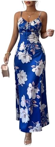 Floral Tie Front Boho Maxi Dress Spaghetti Strap Stain