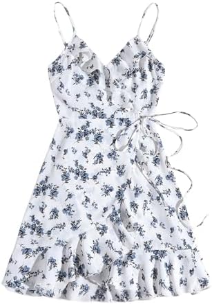 Floral V Neck Ruffle Trim Cami Dress Tie Wrap Vacation A
