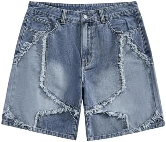 Frayed Hem Star Pattern Wide Leg Denim Shorts with Pocket