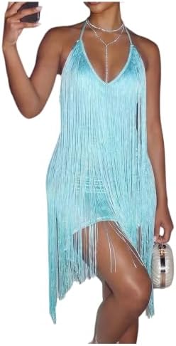 Fringe Halter Dress Backless Club Bodycon Mini Dresses