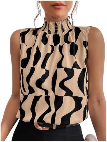 Geo Print Sleeveless Vest Frill Trim Mock Neck Elegant