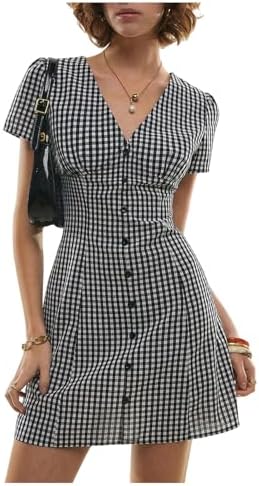 Gingham Button Down Mini Dress Summer Short Sleeve V Neck