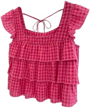 Gingham Cap Sleeve Blouses Layered Ruffle Tie Back