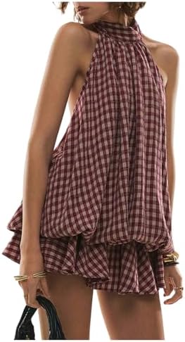 Gingham Halter Mini Dress Y2k Backless Ruffle Hem Dresses