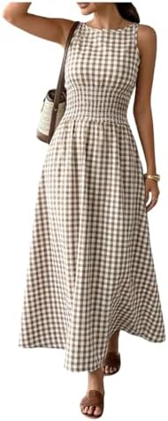 Gingham Long Dress Tie Shoulder Sleeveless Tank Smocked A