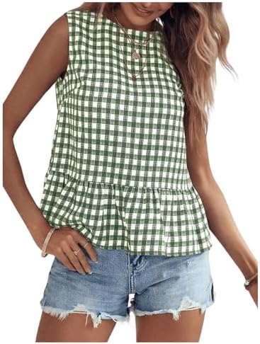 Gingham Print Sleeveless Round Neck Ruffle Hem Peplum