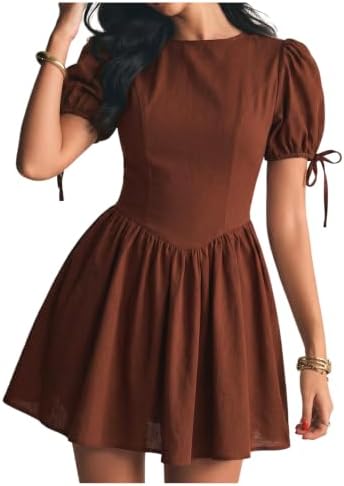 Gingham Short Puff Sleeve Crew Neck Mini A Line Dress