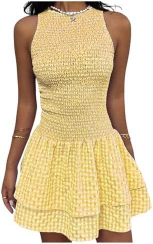 Gingham Sleeveless Mini Dress Tiered Ruffle Smocked