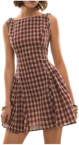 Gingham Sundress Tie Shoulder Flared Hem A Line Dresses