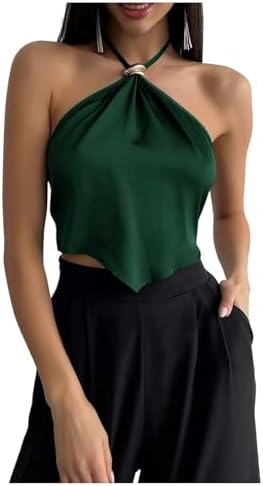 Going Out Satin Halter Tops Tie Open Back Asymmetrical
