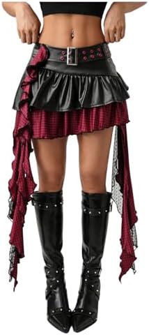 Gothic Leather Low Rise Skirt Plaid Asymmetrical Layered